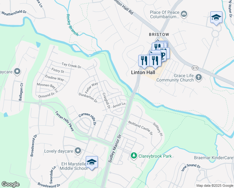 map of restaurants, bars, coffee shops, grocery stores, and more near 12816 Dunbarton Drive in Bristow