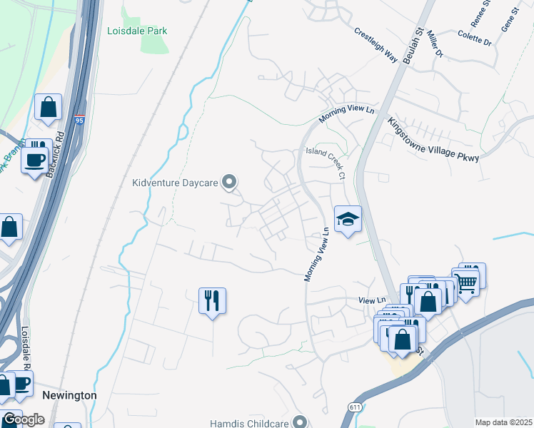 map of restaurants, bars, coffee shops, grocery stores, and more near 6635 Creek Point Way in Alexandria