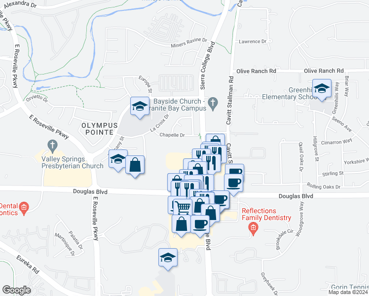 map of restaurants, bars, coffee shops, grocery stores, and more near 8100 Sierra College Boulevard in Roseville