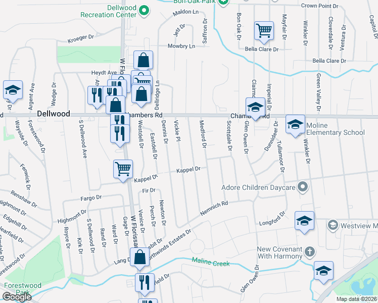 map of restaurants, bars, coffee shops, grocery stores, and more near 9814 Vickie Place in St. Louis