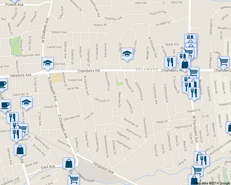 map of restaurants, bars, coffee shops, grocery stores, and more near 9 Bayview Dr in St Louis