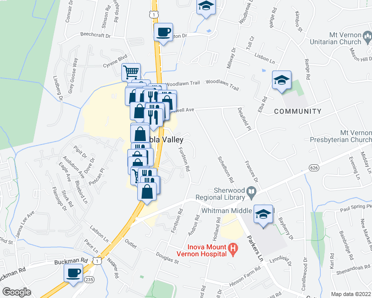 map of restaurants, bars, coffee shops, grocery stores, and more near 7739 Fordson Road in Alexandria