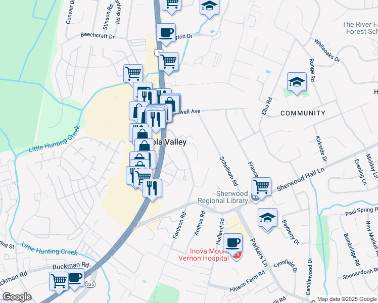 map of restaurants, bars, coffee shops, grocery stores, and more near 7739 Fordson Road in Alexandria