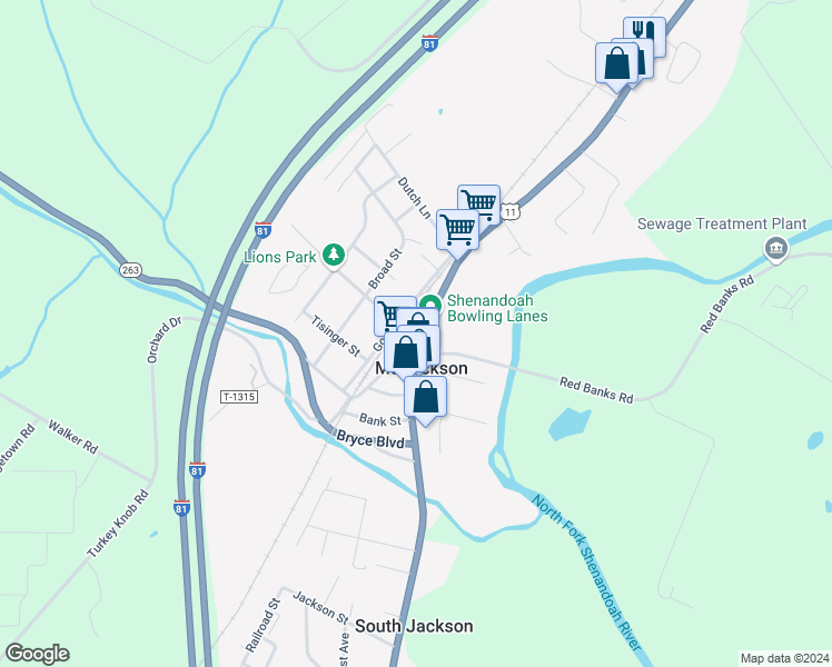 map of restaurants, bars, coffee shops, grocery stores, and more near 5931 Main Street in Mount Jackson