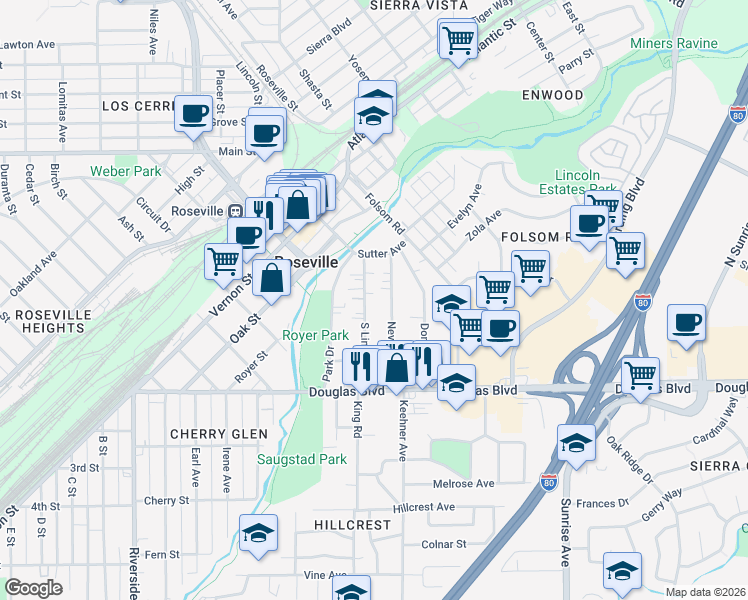 map of restaurants, bars, coffee shops, grocery stores, and more near 152 South Lincoln Street in Roseville