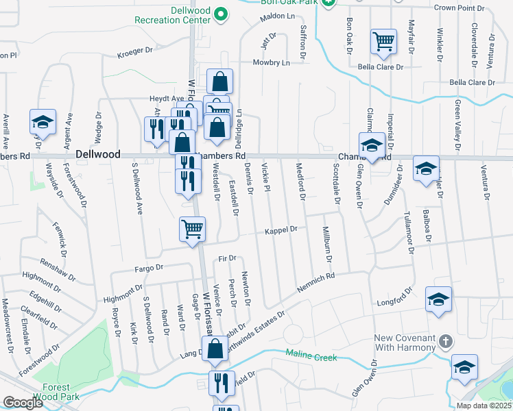map of restaurants, bars, coffee shops, grocery stores, and more near 9817 Dennis Drive in St. Louis