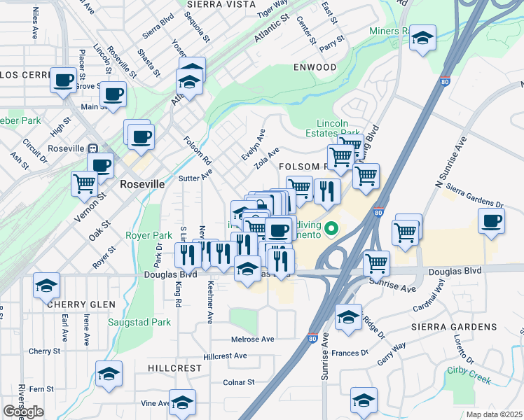 map of restaurants, bars, coffee shops, grocery stores, and more near 275 Folsom Road in Roseville