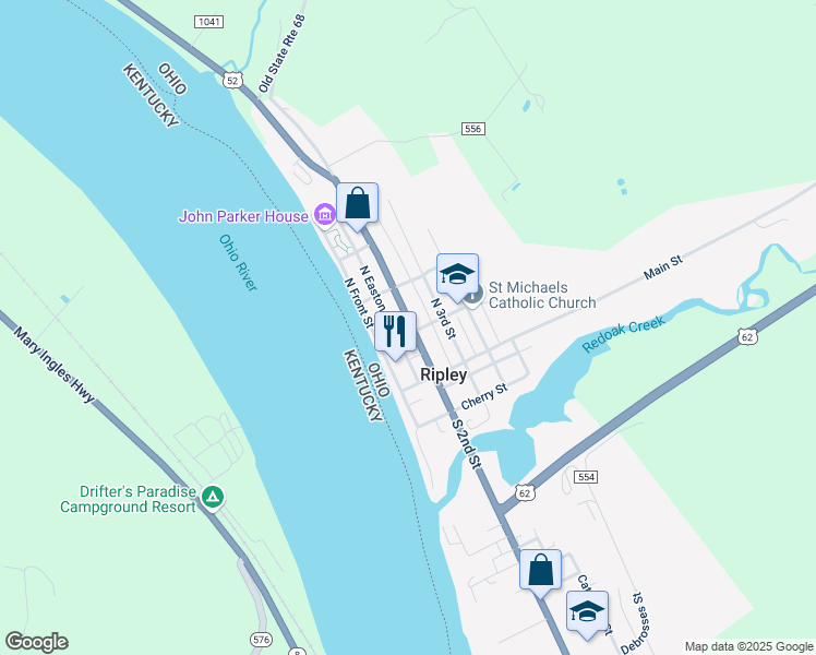 map of restaurants, bars, coffee shops, grocery stores, and more near 1115 Elm Street in Ripley