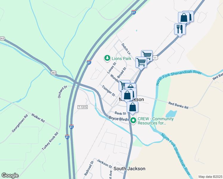 map of restaurants, bars, coffee shops, grocery stores, and more near 5986 Broad Street in Mount Jackson
