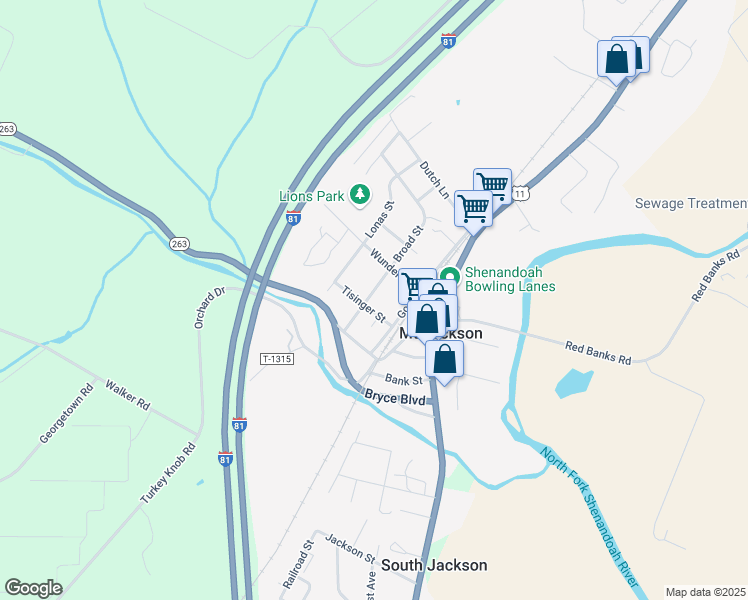 map of restaurants, bars, coffee shops, grocery stores, and more near 5986 Broad Street in Mount Jackson