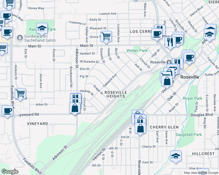 map of restaurants, bars, coffee shops, grocery stores, and more near 130 Fig Street in Roseville