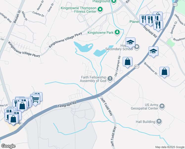 map of restaurants, bars, coffee shops, grocery stores, and more near 7769 Mount Calvary Drive in Franconia