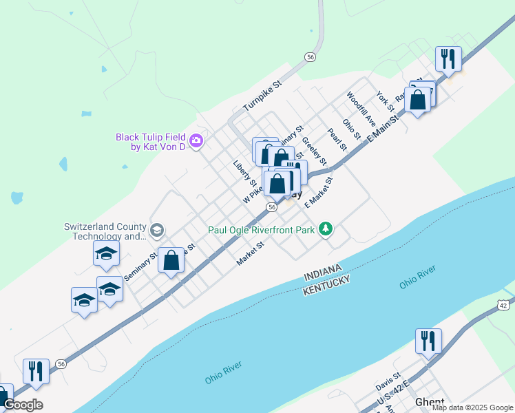 map of restaurants, bars, coffee shops, grocery stores, and more near 212 West Main Street in Vevay