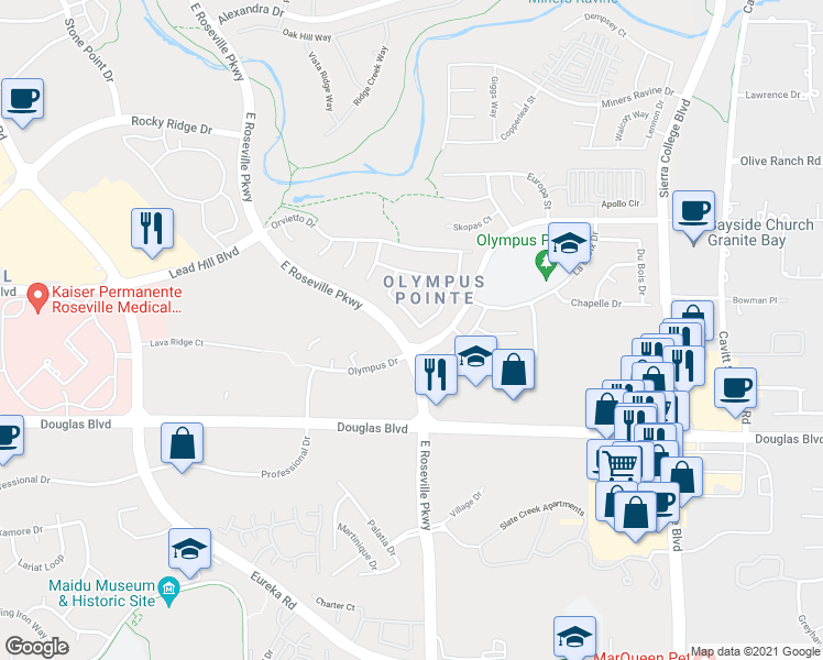 map of restaurants, bars, coffee shops, grocery stores, and more near 1780 Grazziani Way in Roseville