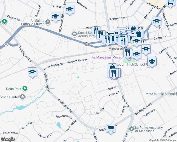 map of restaurants, bars, coffee shops, grocery stores, and more near 9270 Chapman Oak Drive in Manassas