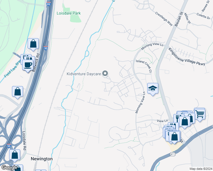 map of restaurants, bars, coffee shops, grocery stores, and more near 7703 Martin Allen Court in Alexandria