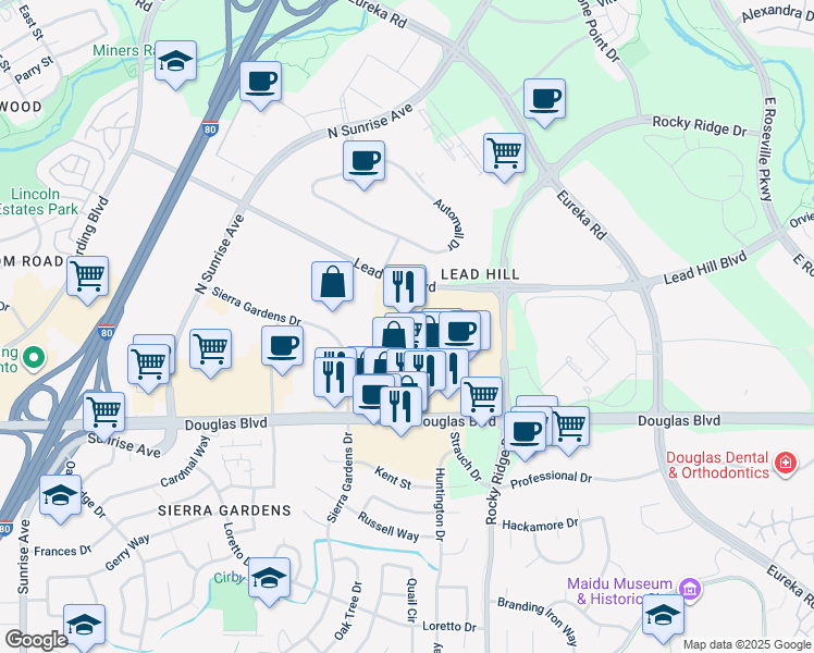 map of restaurants, bars, coffee shops, grocery stores, and more near 1400 Lead Hill Blvd in Roseville