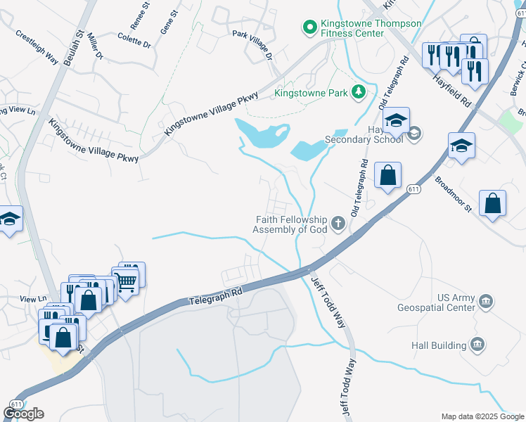 map of restaurants, bars, coffee shops, grocery stores, and more near 7792 Belvale Drive in Kingstowne