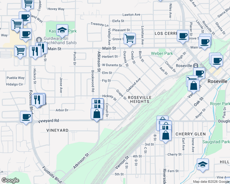 map of restaurants, bars, coffee shops, grocery stores, and more near 206 Hickory Street in Roseville