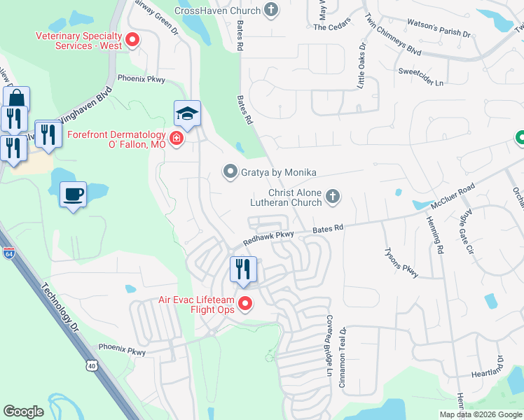 map of restaurants, bars, coffee shops, grocery stores, and more near 417 Heritage Commons Circle in O'Fallon