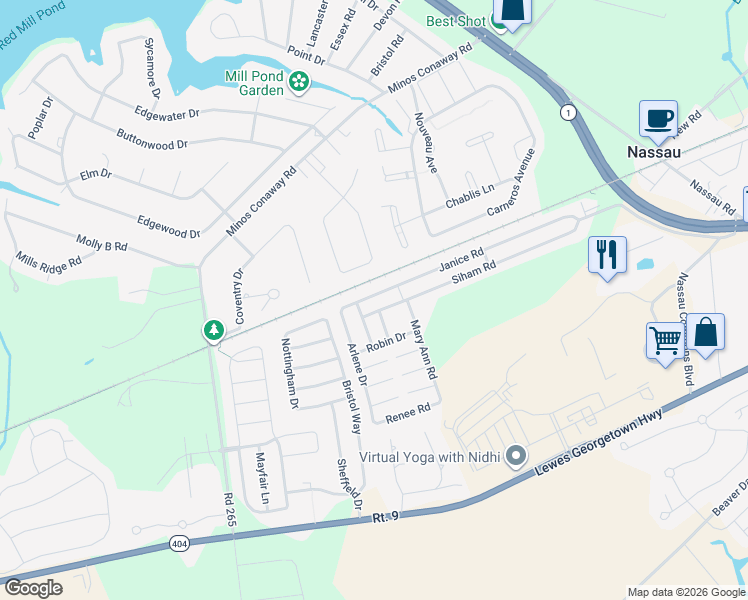map of restaurants, bars, coffee shops, grocery stores, and more near 17606 Caroline Drive in Lewes
