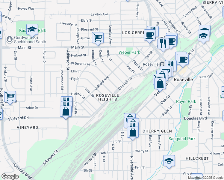 map of restaurants, bars, coffee shops, grocery stores, and more near 110 Elm Street in Roseville