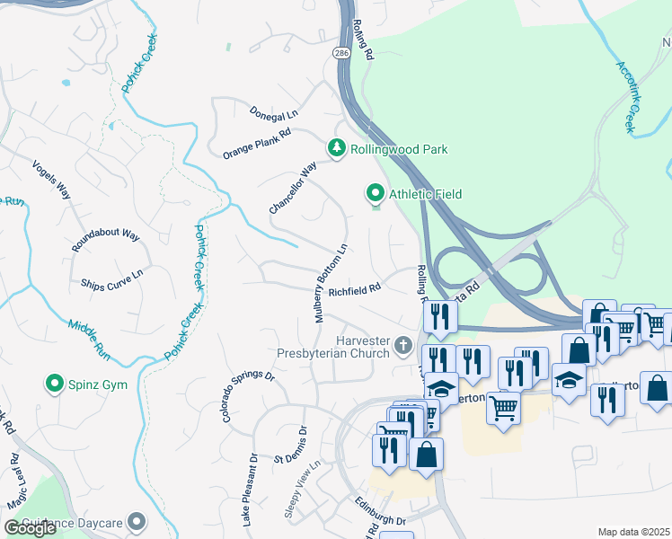 map of restaurants, bars, coffee shops, grocery stores, and more near 7728 Mulberry Bottom Lane in Springfield