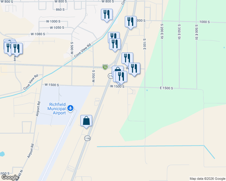 map of restaurants, bars, coffee shops, grocery stores, and more near 155 West 1500 South in Richfield