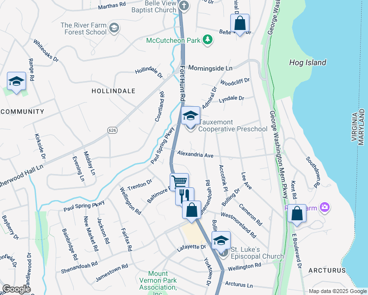map of restaurants, bars, coffee shops, grocery stores, and more near 1404 Alexandria Avenue in Alexandria