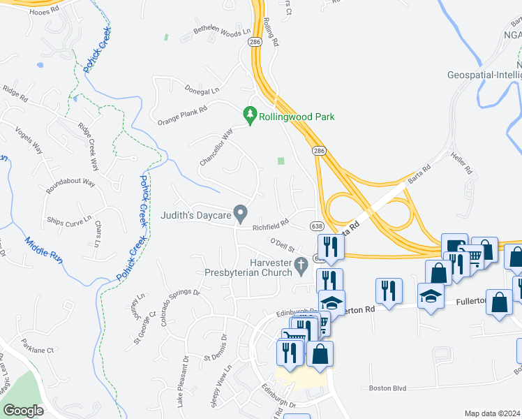 map of restaurants, bars, coffee shops, grocery stores, and more near 7791 Richfield Court in Springfield