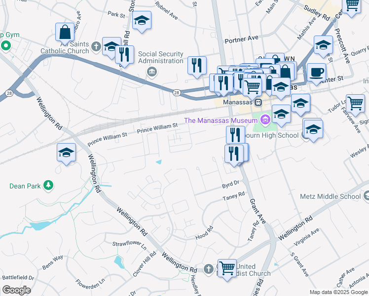 map of restaurants, bars, coffee shops, grocery stores, and more near 9393 Scarlet Oak Drive in Manassas
