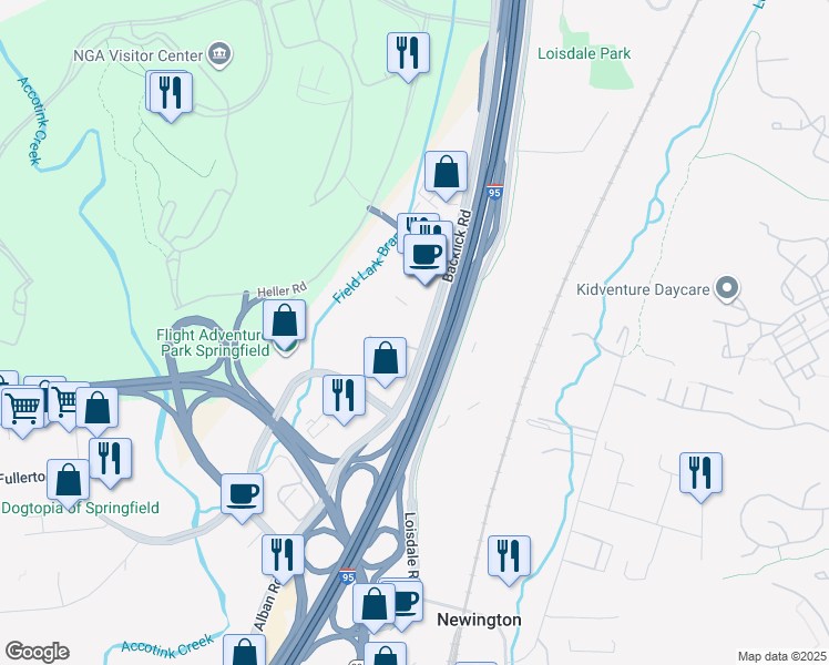 map of restaurants, bars, coffee shops, grocery stores, and more near 7770 Backlick Road in Springfield