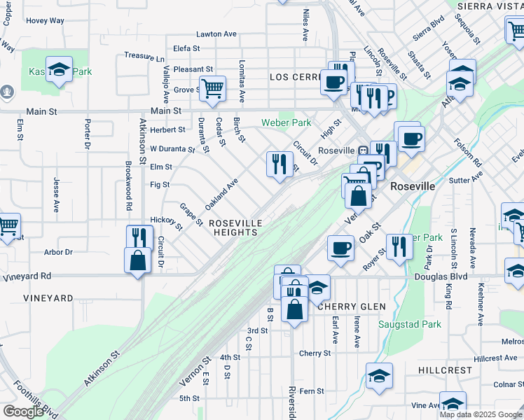 map of restaurants, bars, coffee shops, grocery stores, and more near 101 Duranta Street in Roseville