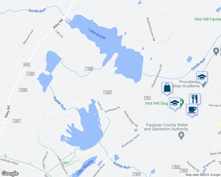map of restaurants, bars, coffee shops, grocery stores, and more near 4410 Lakewood Drive in Warrenton