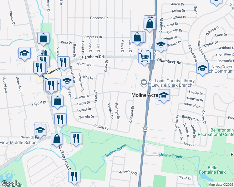map of restaurants, bars, coffee shops, grocery stores, and more near 9827 Portage Drive in St. Louis