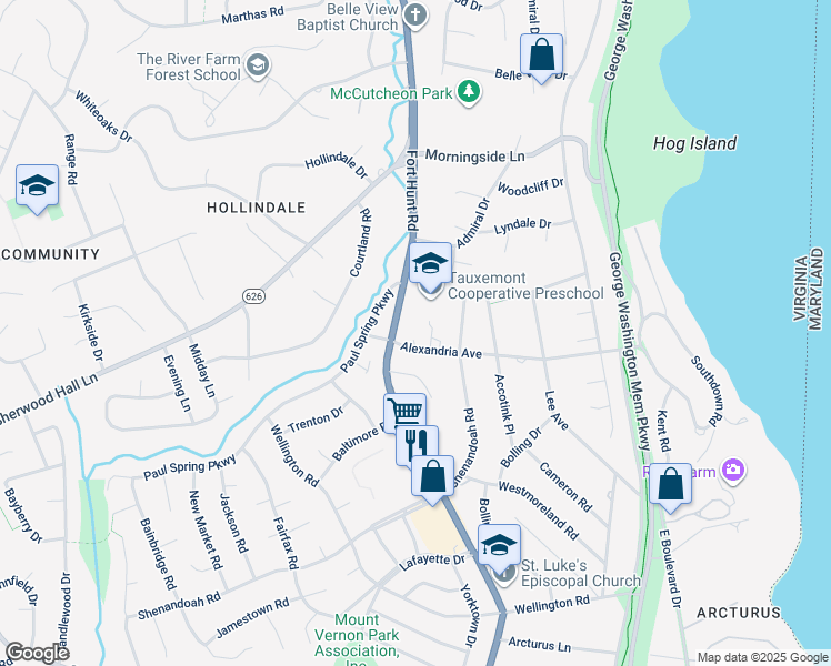 map of restaurants, bars, coffee shops, grocery stores, and more near 1404 Alexandria Avenue in Alexandria