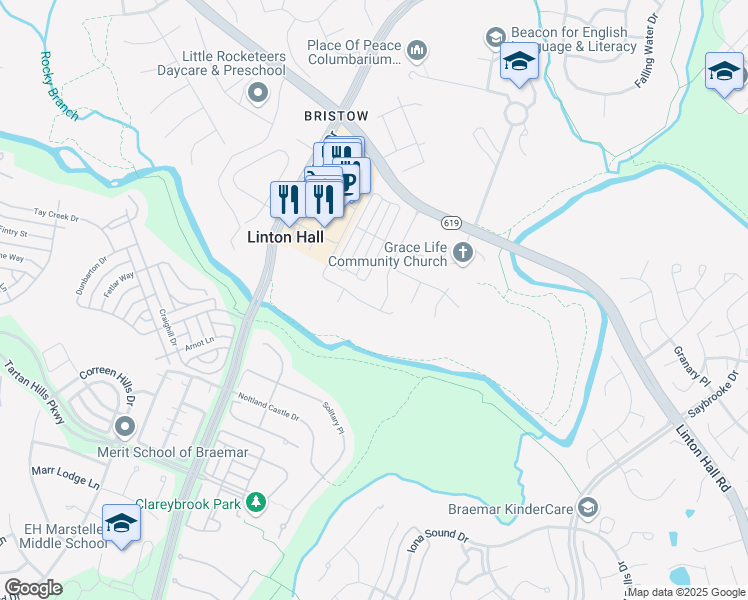 map of restaurants, bars, coffee shops, grocery stores, and more near 12520 Erroll Lane in Bristow