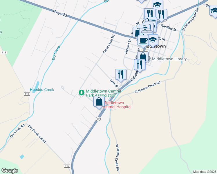map of restaurants, bars, coffee shops, grocery stores, and more near 21403 Pine Street in Middletown
