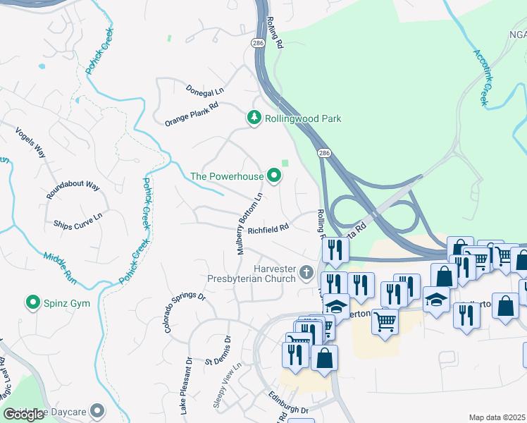 map of restaurants, bars, coffee shops, grocery stores, and more near 7791 Richfield Court in Springfield
