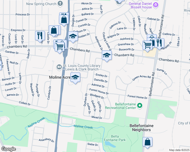 map of restaurants, bars, coffee shops, grocery stores, and more near 9828 Delhi Drive in Saint Louis