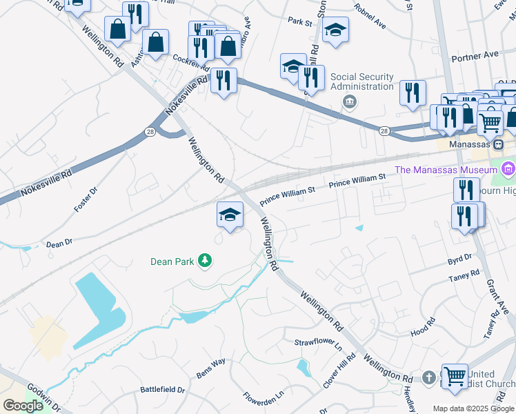 map of restaurants, bars, coffee shops, grocery stores, and more near 9601 Prince William Street in Manassas