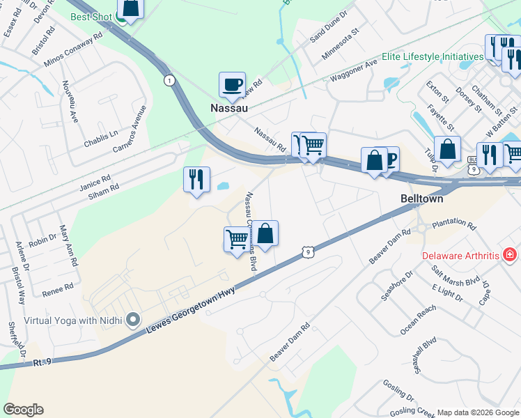 map of restaurants, bars, coffee shops, grocery stores, and more near 17553 Nassau Commons Boulevard in Lewes