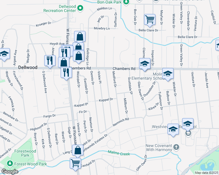 map of restaurants, bars, coffee shops, grocery stores, and more near 9828 Lorna Lane in St. Louis