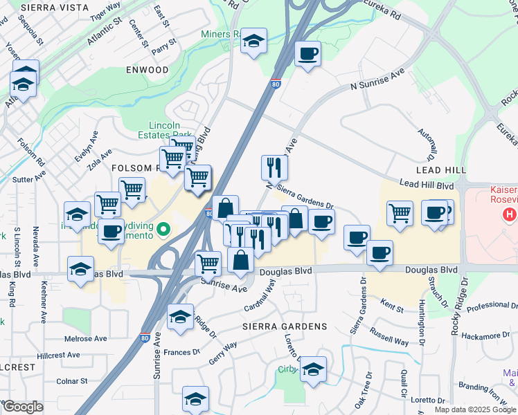 map of restaurants, bars, coffee shops, grocery stores, and more near 133 North Sunrise Avenue in Roseville
