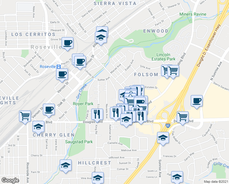 map of restaurants, bars, coffee shops, grocery stores, and more near 157 Donner Avenue in Roseville