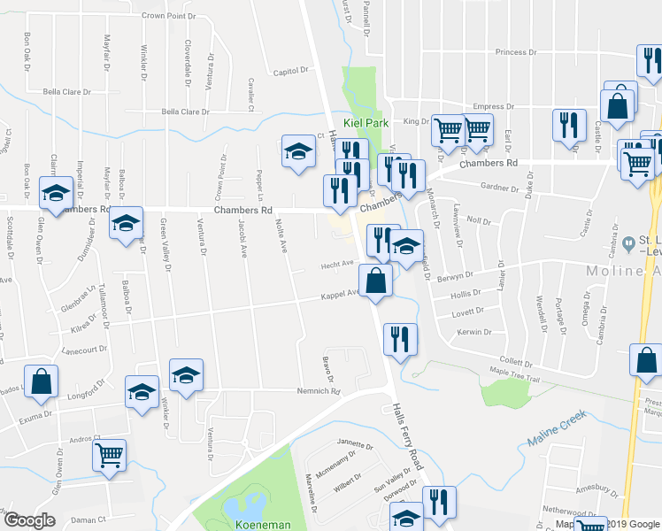 map of restaurants, bars, coffee shops, grocery stores, and more near 2136 Hecht Avenue in St. Louis