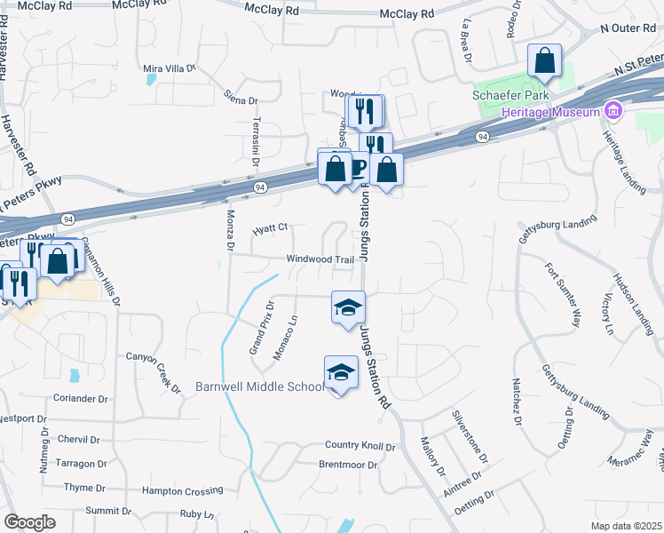 map of restaurants, bars, coffee shops, grocery stores, and more near 42 Trailside Court in St. Peters