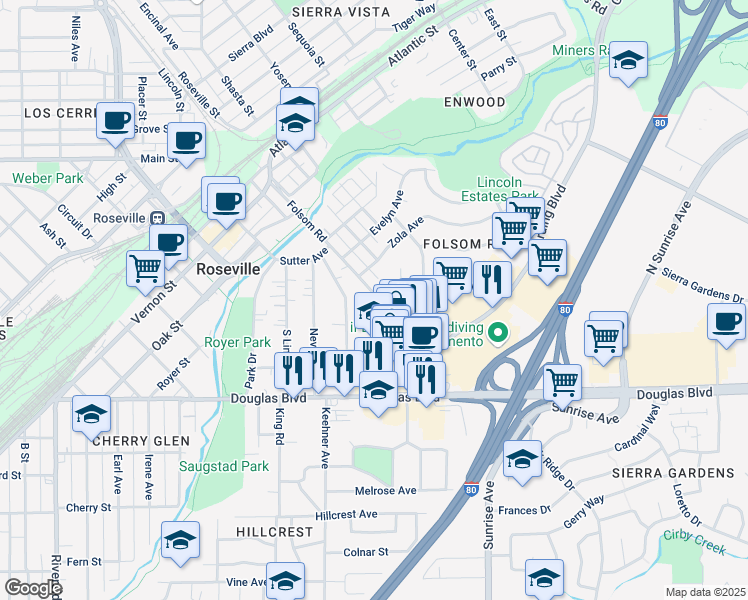 map of restaurants, bars, coffee shops, grocery stores, and more near 272 Folsom Road in Roseville