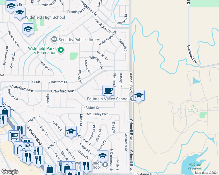 map of restaurants, bars, coffee shops, grocery stores, and more near 1070 Harbourne Street in Colorado Springs