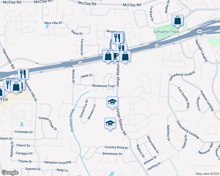 map of restaurants, bars, coffee shops, grocery stores, and more near 42 Trailside Court in St. Peters